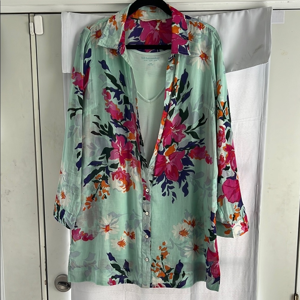 Soft Surroundings Aqua Lily 3/4 Sleeve Large Button Down Shirt - Picture 3 of 10